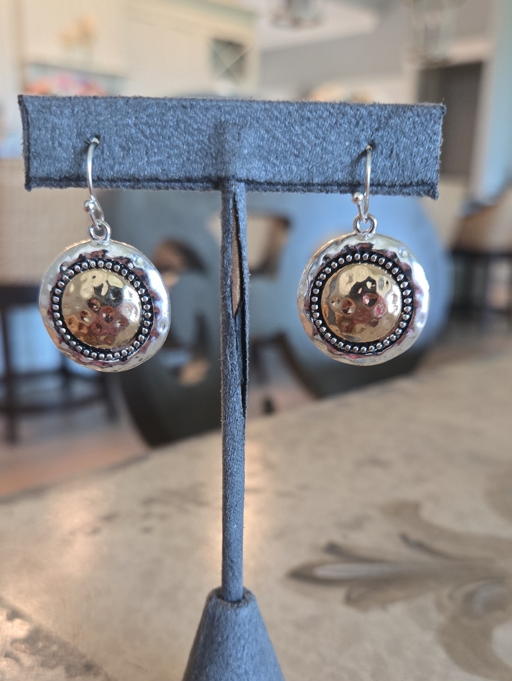 Two-Tone Hammered Disc Drop Earrings - Gold and Silver